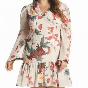 Flattering Multi-Color Floral Design Long Sleeves Ruffle Short Dress Size 16